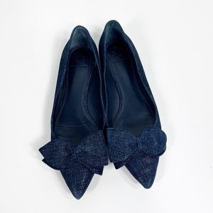 TORY BURCH Rosalind Ballet Flats Navy textured patterned suede